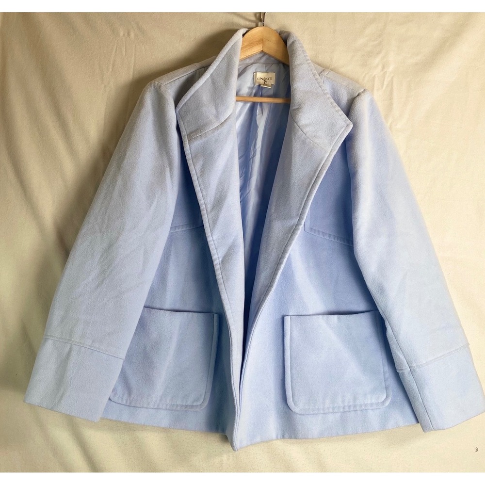 Chicos Sky Blue Open Front Shawl Collar Patch Pocked Jacket Coat 3 Quiet Luxury